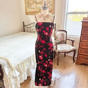 90s arianna size 12 black slip dress with bold red rose print